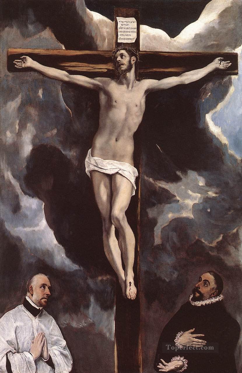 Christ on the Cross Adored by Donors 1585 Renaissance El Greco Oil Paintings